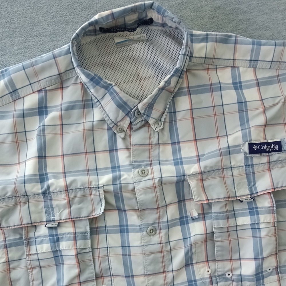 Columbia PFG Super Bahama Fishing Shirt Mens XL Long Sleeve Plaid Blue Orange